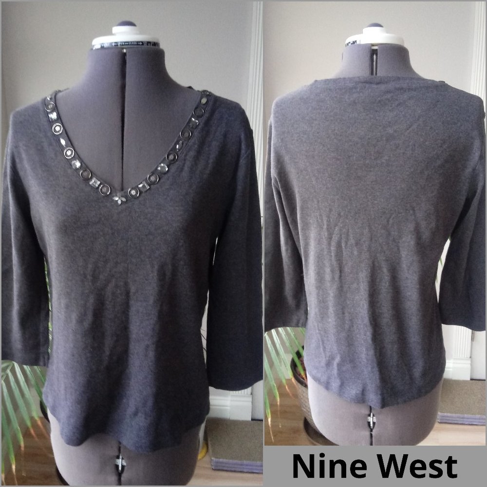 Nine West V Neck Top w./Rhinestone & Metal Accents